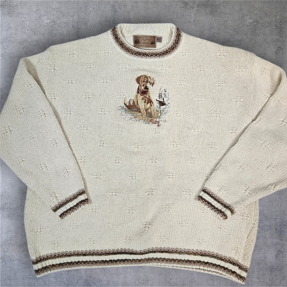 Vintage 90s Shenandoah Cream Embroidered Puppy Labrador Retriever Sweater XL V43